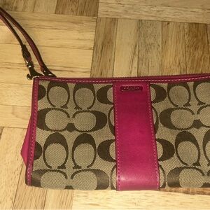 Coach Signature Canvas Wristlet in Brown & Pink